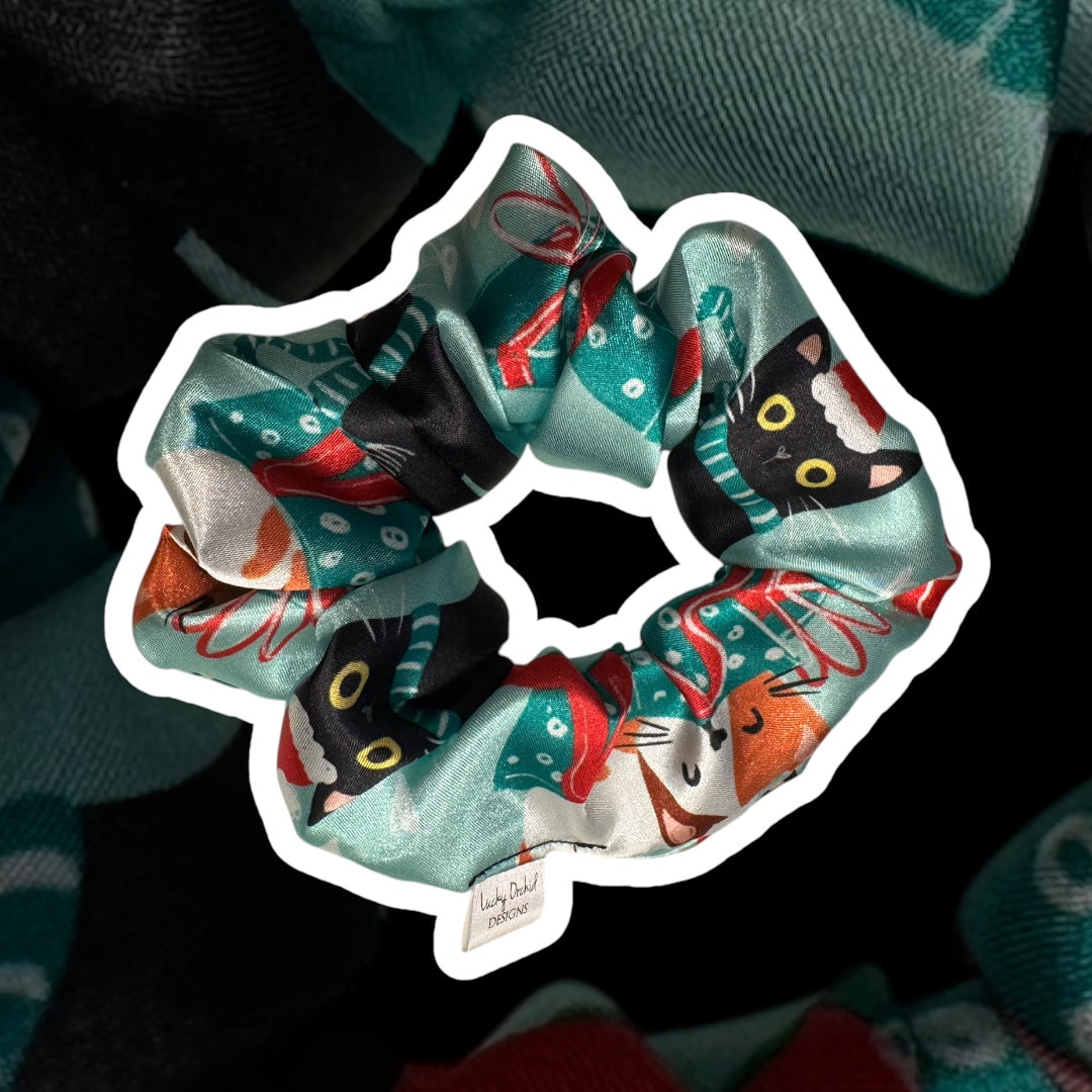 Christmas Kitties Handmade Satin Scrunchie